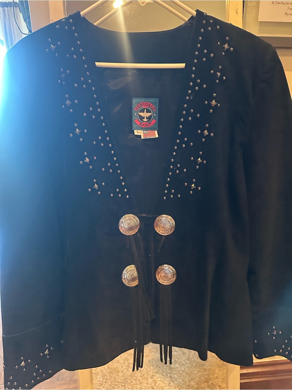 Western-Style Fringe Studded Black Suede Jacket - Picture 3 of 14